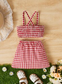 SHEIN 嬰兒格子圖案前蝴蝶結吊帶上衣和半身裙 - 紅白色 - 查看 2