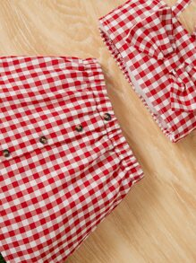 SHEIN 嬰兒格子圖案前蝴蝶結吊帶上衣和半身裙 - 紅白色 - 查看 4
