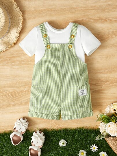 SHEIN Neonato Jumpsuit corto salopette a quadretti toppa con lettera con doppia tasca senza maglietta