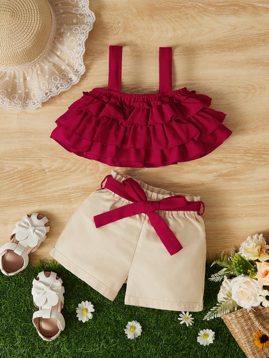 SHEIN Baby Girl Layered Ruffle Trim Cami Top & Belted Shorts - Multicolor - View 1