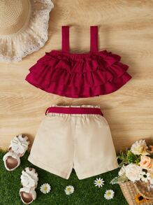SHEIN Baby Girl Layered Ruffle Trim Cami Top & Belted Shorts - Multicolor - View 2