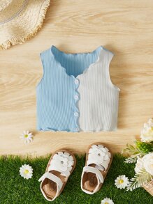 SHEIN Baby Two Tone Lettuce Trim Ribbed Knit Tank Top