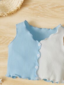 SHEIN Baby Two Tone Lettuce Trim Ribbed Knit Tank Top