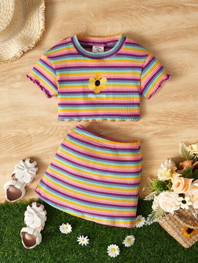 SHEIN Leap Crew Baby Girl Floral Embroidery Striped Lettuce Trim Tee & Skirt