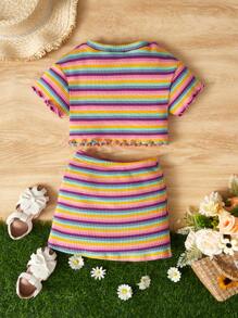 SHEIN Leap Crew 嬰兒女孩花卉刺繡條紋萵苣邊t恤和裙子 - 彩色 - 查看 2