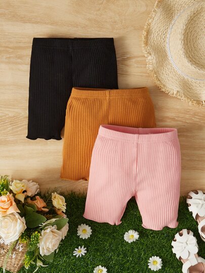 SHEIN Baby Girl 3pcs Ribbed Knit Lettuce Trim Leggings