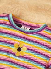 SHEIN Leap Crew 嬰兒女孩花卉刺繡條紋萵苣邊t恤和裙子 - 彩色 - 查看 4