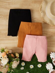 SHEIN Baby Girl 3pcs Ribbed Knit Lettuce Trim Leggings - Multicolor - View 2