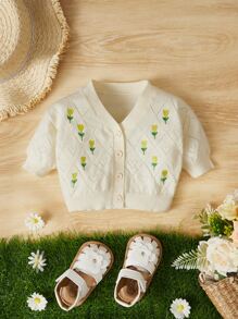 SHEIN Baby Floral Embroidery Button Front Cardigan - Apricot - View 1