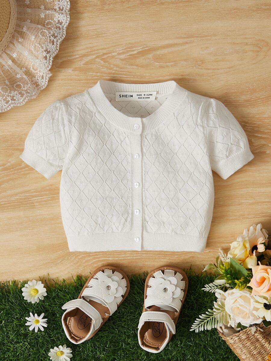 SHEIN Baby Button Front Pointelle Knit Puff Sleeve Cardigan - White - View 1