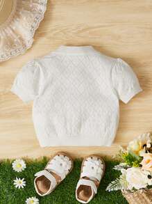 SHEIN Baby Button Front Pointelle Knit Puff Sleeve Cardigan - White - View 2