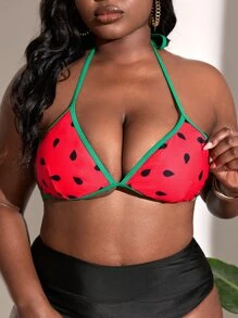 SHEIN Slayr Top de bikini con estampado de sandía y ribete de contraste para tallas grandes, para vacaciones de verano en la playa - Rosado Sandía - Ver 1