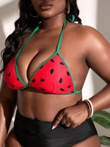 SHEIN Slayr Top de bikini con estampado de sandía y ribete de contraste para tallas grandes, para vacaciones de verano en la playa - Rosado Sandía - Ver 3