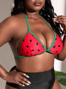 SHEIN Slayr Top de bikini con estampado de sandía y ribete de contraste para tallas grandes, para vacaciones de verano en la playa - Rosado Sandía - Ver 4