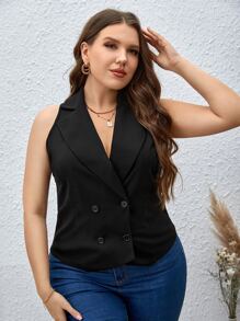 SHEIN Privé Plus Lapel Neck Double Breasted Vest Blazer - Black - View 4
