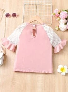 Girls Contrast Lace Flounce Sleeve Blouse - Baby Pink - View 2