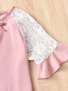 Girls Contrast Lace Flounce Sleeve Blouse - Baby Pink - View 3