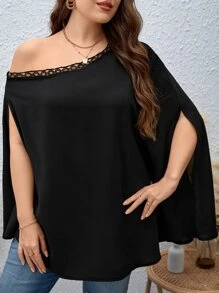 SHEIN Clasi Plus Contrast Lace Asymmetrical Neck Cloak Sleeve Blouse - Black - View 1