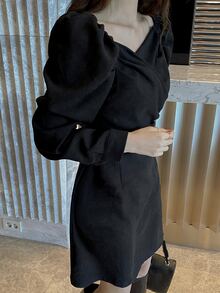 DAZY Vestido con diseño fruncido de manga farol - Negro - Ver 3