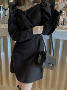 DAZY Vestido con diseño fruncido de manga farol - Negro - Ver 4