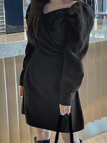 DAZY Vestido con diseño fruncido de manga farol - Negro - Ver 5