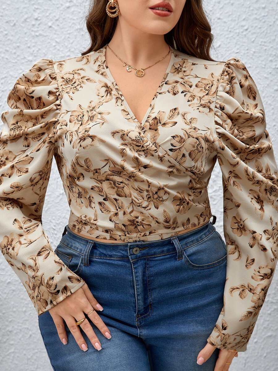 SHEIN Clasi Plus Floral Print Gigot Sleeve Tie Back Crop Blouse - Apricot - View 1