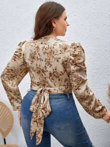 SHEIN Clasi Plus Floral Print Gigot Sleeve Tie Back Crop Blouse - Apricot - View 2
