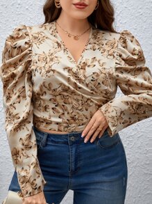 SHEIN Clasi Plus Floral Print Gigot Sleeve Tie Back Crop Blouse - Apricot - View 3
