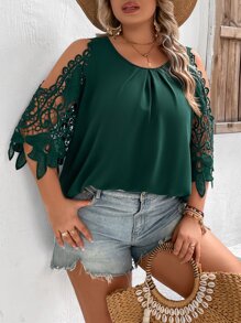 SHEIN VCAY Plus Contrast Guipure Lace Cold Shoulder Blouse - Dark Green - View 5