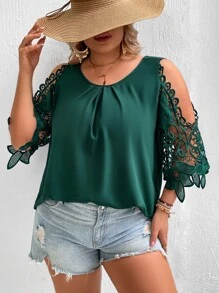 SHEIN VCAY Plus Contrast Guipure Lace Cold Shoulder Blouse - Dark Green - View 6