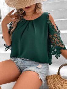 SHEIN VCAY Plus Contrast Guipure Lace Cold Shoulder Blouse - Dark Green - View 7
