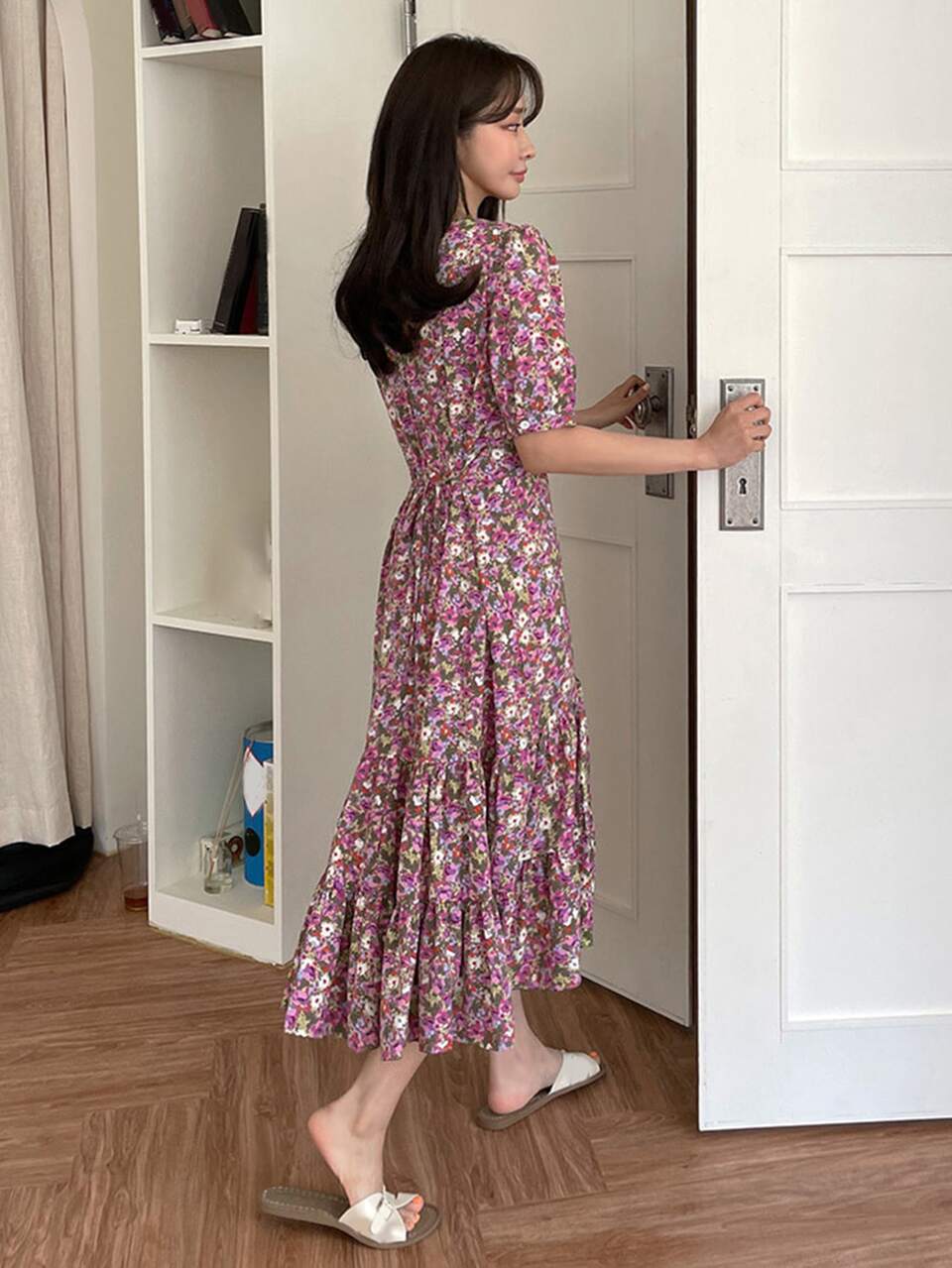Allover Floral Print Ruched Ruffle Hem Dress