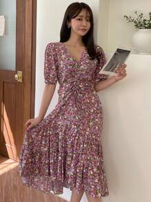DAZY Đầm Dây kéo Xù Viên lá sen Hoa Tất cả trên in Boho - Nhiều màu - Xem 1