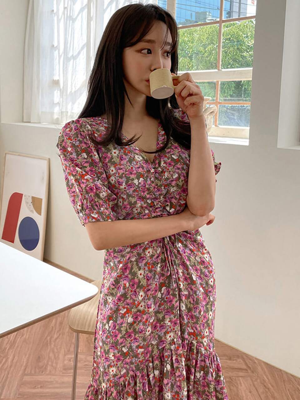 Allover Floral Print Ruched Ruffle Hem Dress