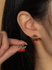 Rhinestone Cherry Stud Earrings - Red - View 1