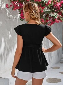 SHEIN Maternity Contrast Lace Butterfly Sleeve Belted Tee - Black - View 2