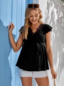 SHEIN Maternity Contrast Lace Butterfly Sleeve Belted Tee - Black - View 4