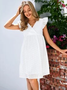 SHEIN Maternidad Vestido smock con bordado con ojal ribete con fruncido - Blanco - Ver 7