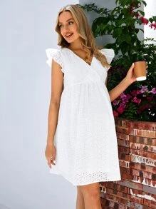 SHEIN Maternidad Vestido smock con bordado con ojal ribete con fruncido - Blanco - Ver 6