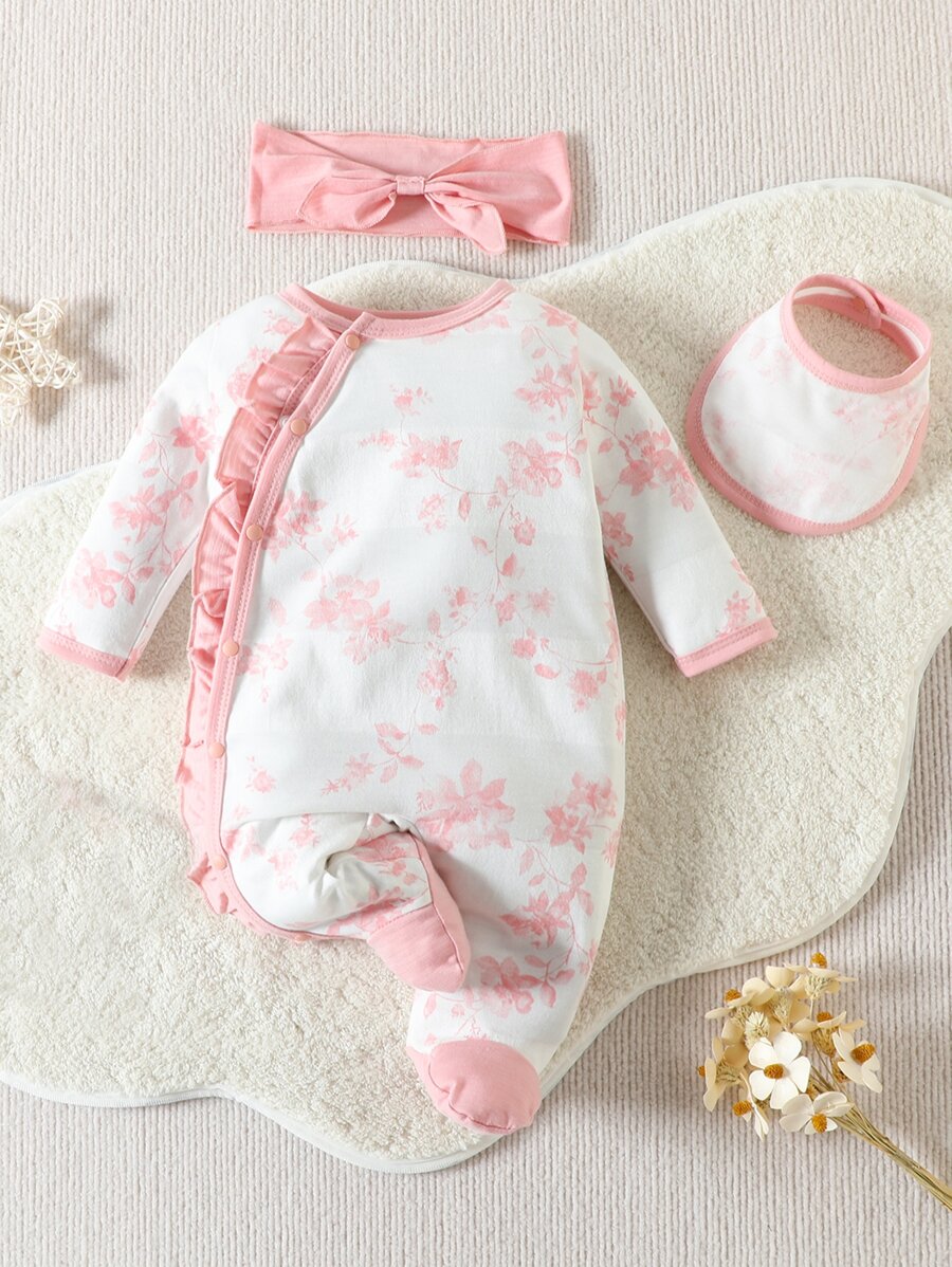 Baby Floral Print Ruffle Trim Footed Sleep Jumpsuit & Headband & Bib - White - View 1