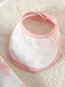 Baby Floral Print Ruffle Trim Footed Sleep Jumpsuit & Headband & Bib - White - View 3