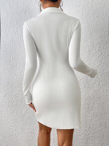 SHEIN EZwear Button Front Lettuce Trim Dress - White - View 2