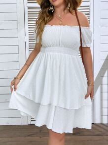 SHEIN Holidaya Plus Swiss Dot Off Shoulder Frill Trim Dress - White - View 6