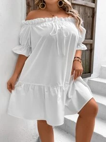 SHEIN VCAY Vestido smock de hombros descubiertos de manga con volante bajo con fruncido - Blanco - Ver 1