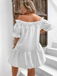 SHEIN VCAY Vestido smock de hombros descubiertos de manga con volante bajo con fruncido - Blanco - Ver 2