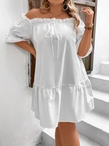 SHEIN VCAY Vestido smock de hombros descubiertos de manga con volante bajo con fruncido - Blanco - Ver 3