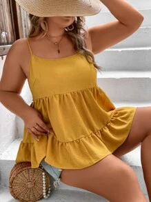 SHEIN VCAY 大碼荷葉邊吊帶上衣 - 芥末黃 - 查看 1