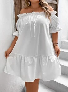SHEIN VCAY Vestido smock de hombros descubiertos de manga con volante bajo con fruncido - Blanco - Ver 7