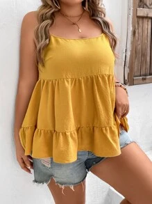 SHEIN VCAY 大碼荷葉邊吊帶上衣 - 芥末黃 - 查看 3