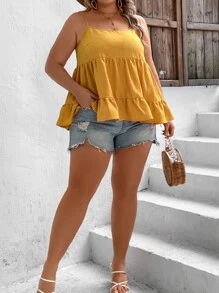 SHEIN VCAY 大碼荷葉邊吊帶上衣 - 芥末黃 - 查看 4